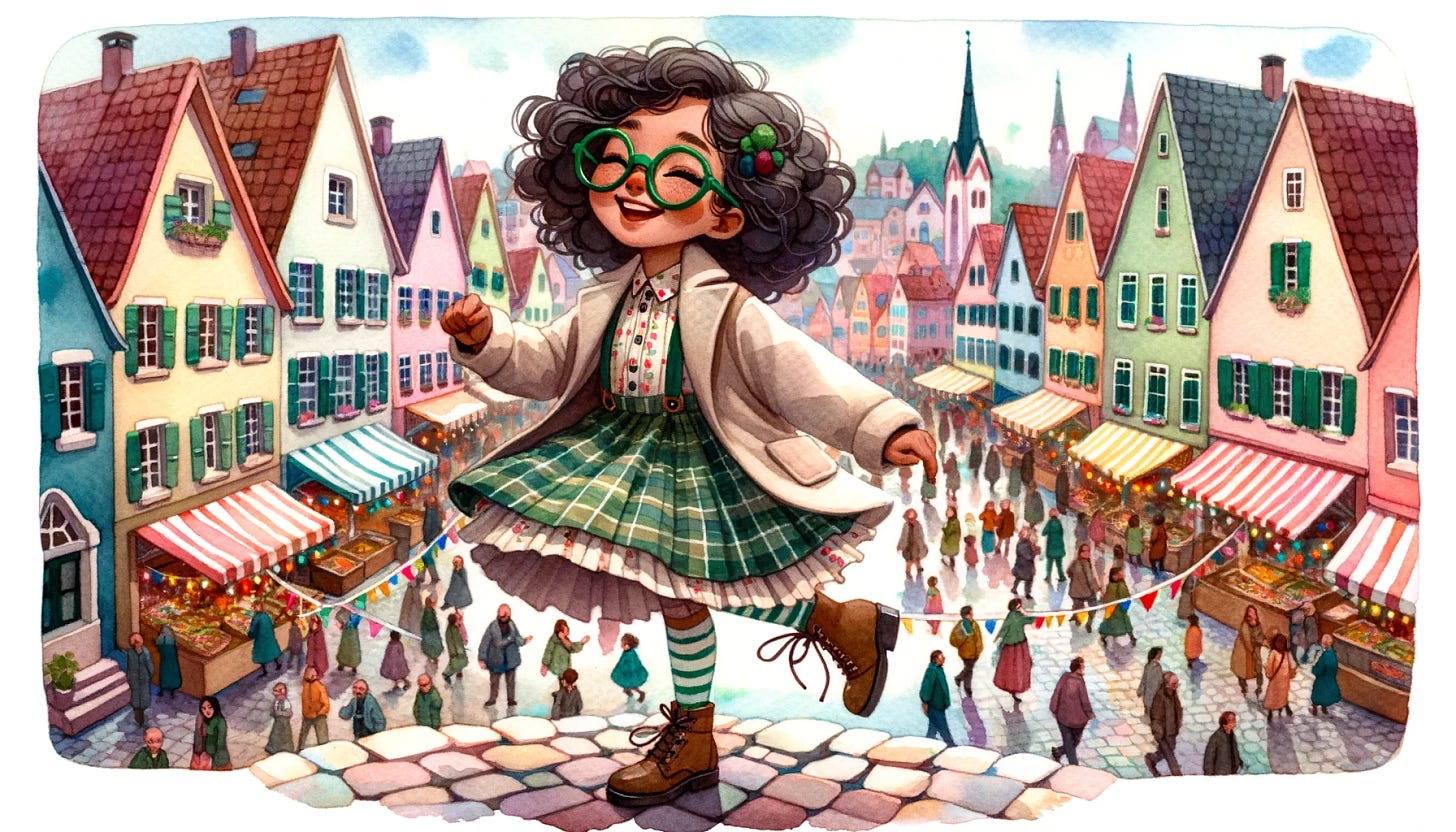 Watercolor painting in a 16:9 landscape aspect ratio of a girl with curly hair, green glasses, and a darker skin tone, dancing joyfully in a square filled with colorful houses and lively festivities. The village is expansive, with vibrant market stalls and pedestrians.