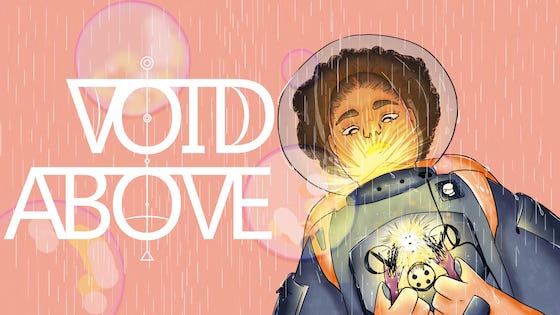 A black woman in a spacesuit connects two sparking wires. The background is pastel pink with the words VOID ABOVE