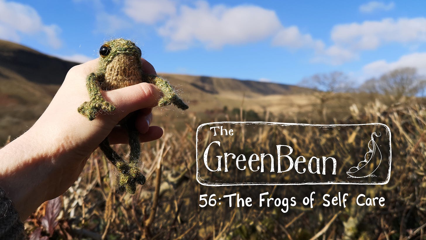 Title card for Episode 56 of The Green Bean. A white human hand hols up a tiny adorable knitted frog, against a background of mountain, hedgerow and blue sky. The tites of the episode is overlaid in white writing.
