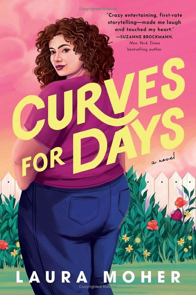 Curves for Days by Laura Moher features a beautiful, full-figured woman in front of a charming picket fence.