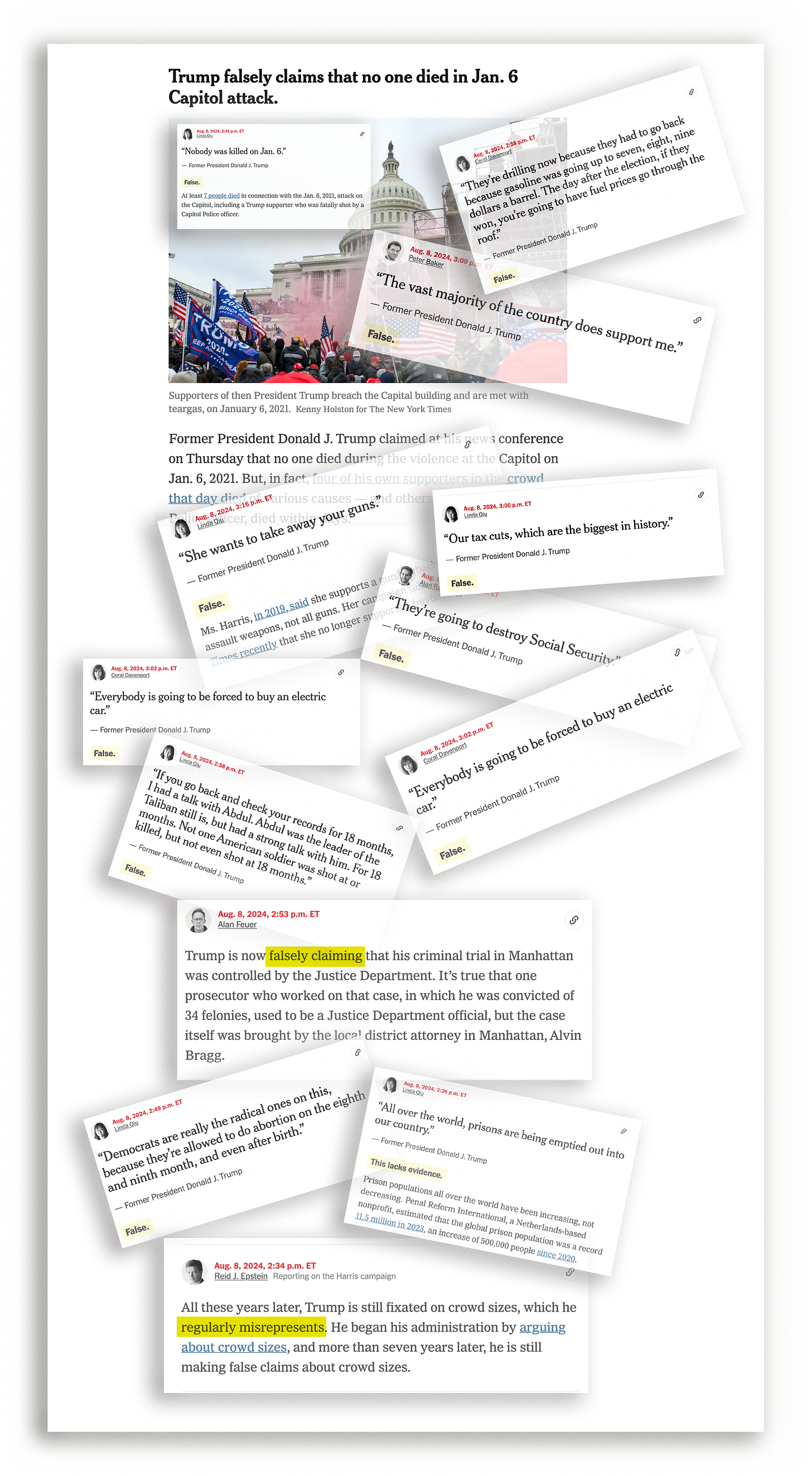 Collage of New York Times screenshots with headlines such as "Trump falsely claims that no one died in January 6 Capitol attack"