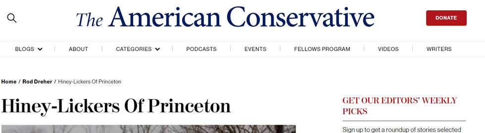 Screenshot The American Conservative website, post title: "hiney-lickers of Princeton"