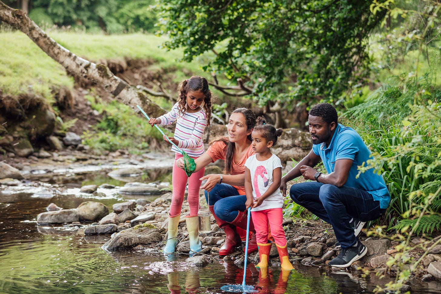 A man and woman teaching two young girls about the environment and nature in a creek