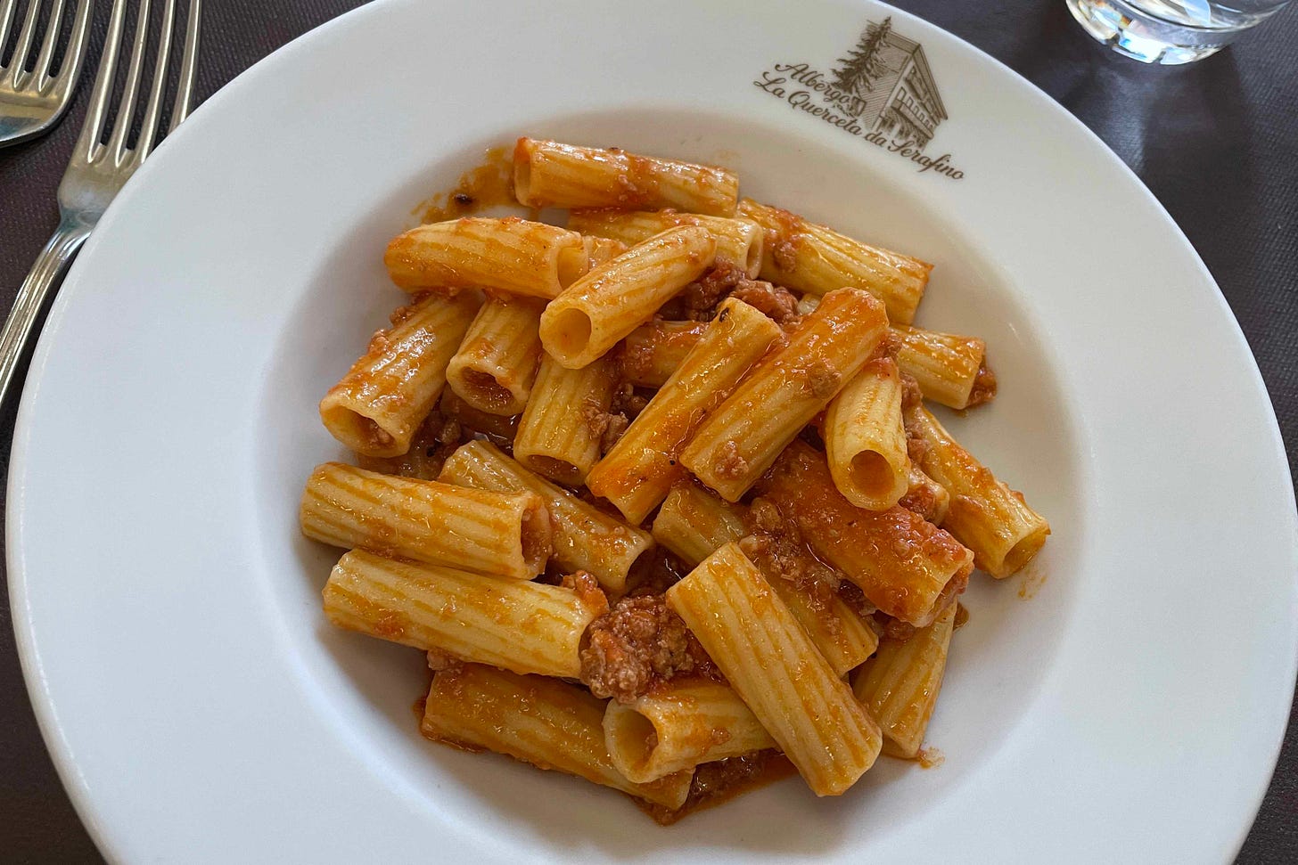 Bolognese sauce on rigatoni in a bowl