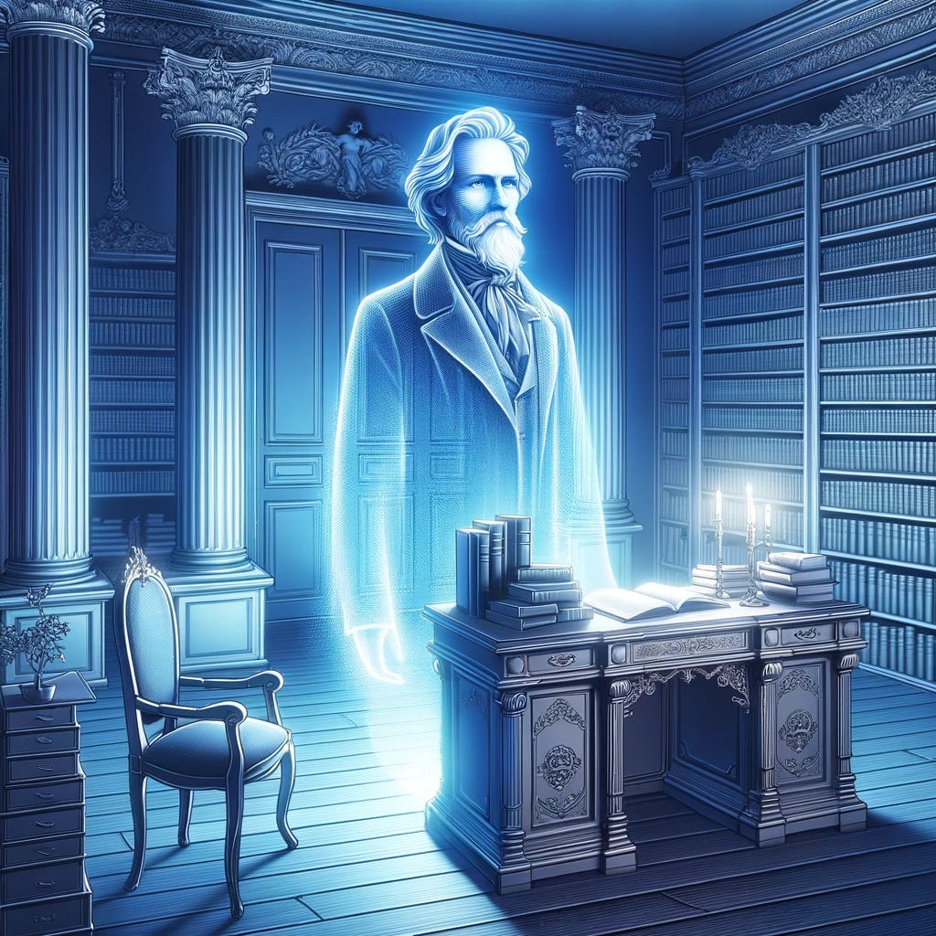 Contemporary digital art piece showcasing the ghost of Søren Kierkegaard in a library setting. He stands beside a grand desk laden with books. The room is bathed in a deep blue hue, while the ghost himself radiates a gentle pink luminance. The shading and details in the artwork are intricate and elegant.
