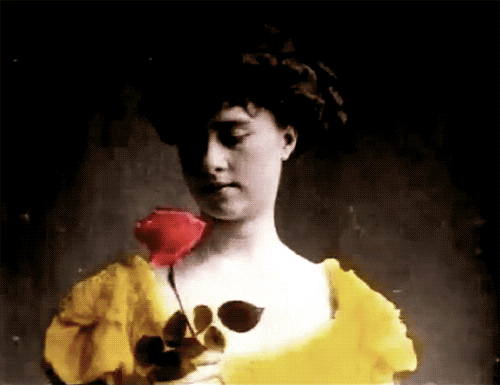 animação de uma pintura com fundo escuro, onde uma mulher branca de vestido amarelo cheira uma rosa vermelha bem bonita