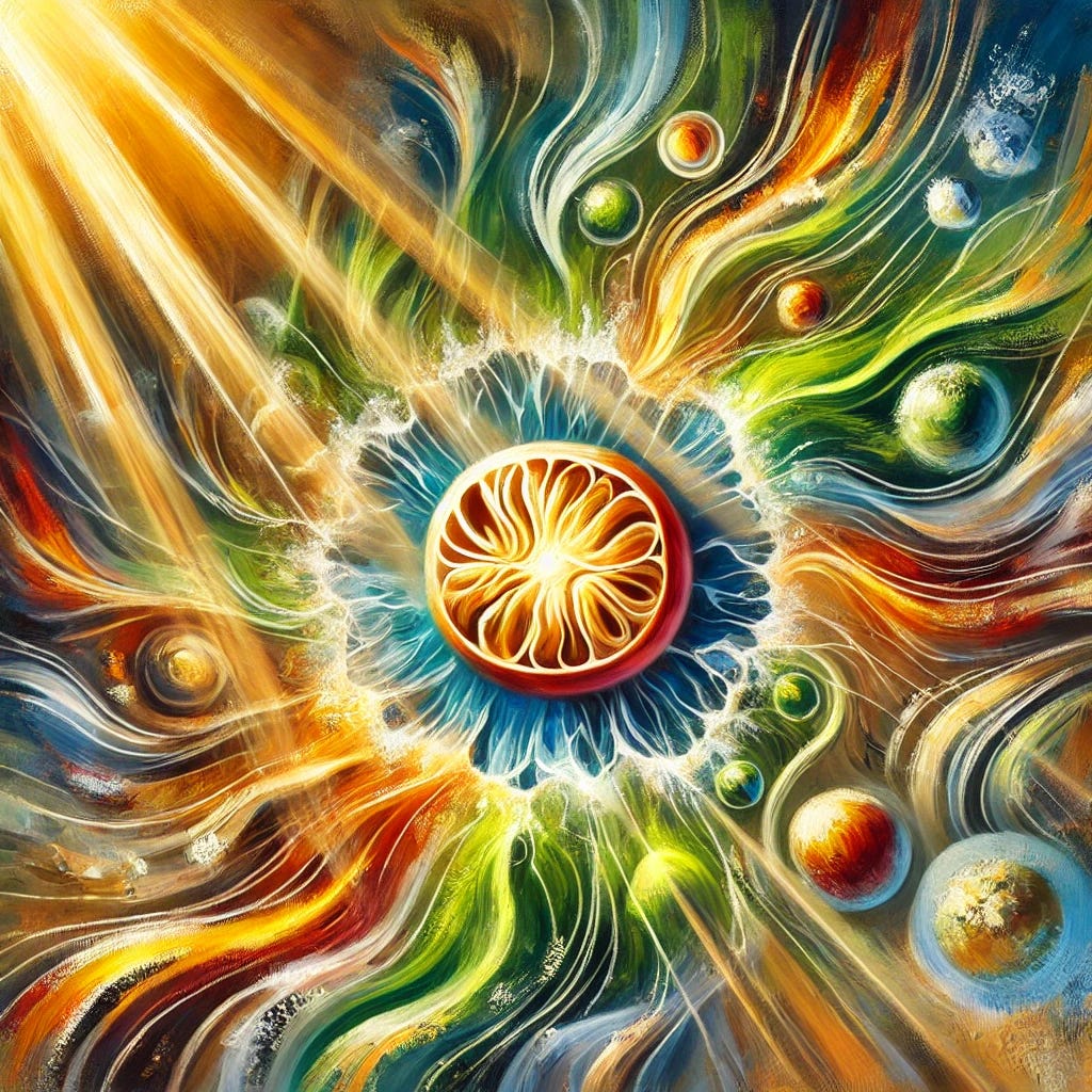 An abstract, vibrant oil painting symbolizing the balance of cellular health and environmental influences. The centerpiece is a glowing orb representing the mitochondria, radiating energy waves of golden light symbolizing ATP production. Surrounding the orb are swirling patterns of bold colors: deep greens and golds for nutrition, fiery reds and oranges representing disruptors like seed oils and toxins, and soft blues for harmony and healing. Cascading rays of sunlight filter through the composition, symbolizing the benefits of sun exposure. The background features subtle, textured layers suggesting environmental factors like microplastics and pollution. The painting is dynamic with expressive brushstrokes, evoking vitality and complexity.