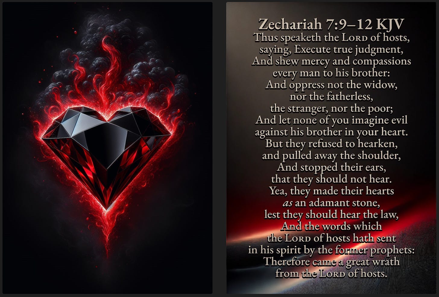 The image consists of two sections. On the left, there is a dark background featuring a fiery, red, and black crystal heart emitting red flames and smoke. On the right, a passage from Zechariah 7:9-12 KJV is displayed in an ornate font, set against a gradient background transitioning from dark to a subtle red glow. The text emphasizes themes of justice, mercy, and compassion, contrasting with the depiction of hardened hearts, visually represented by the fiery heart on the left.