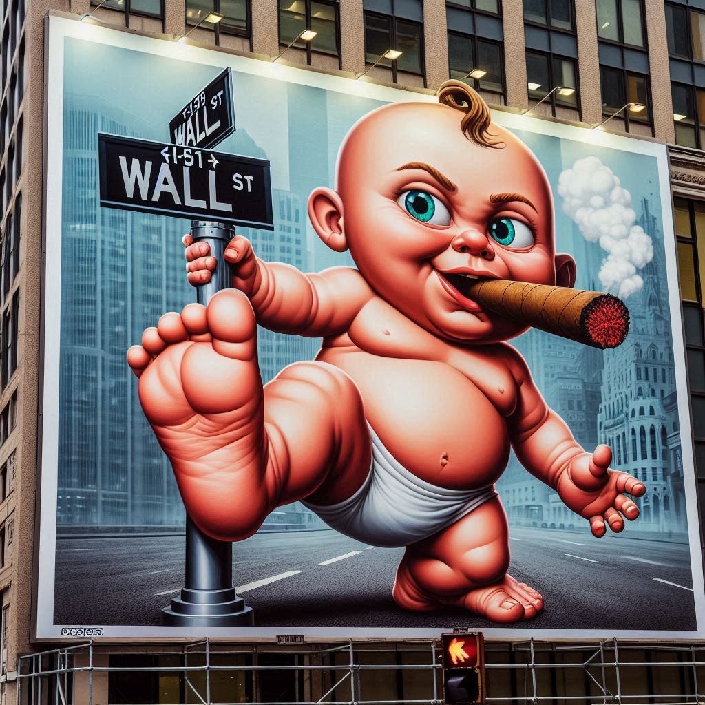 giant cartoon baby with a cigar in its mouth. The baby is stomping a street sign that says wall street