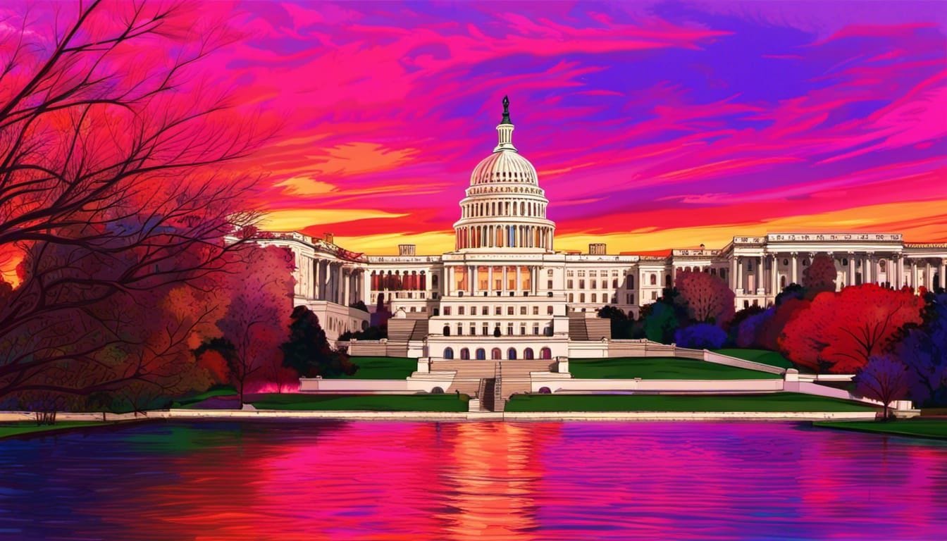 US capitol at sunset, stylized, vivid colors