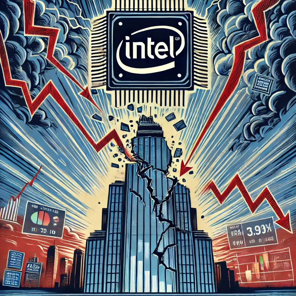 A dramatic pop-art style illustration featuring a futuristic skyscraper with the Intel logo splitting apart from the top. The building is cracking with pieces of circuitry and financial graphs emerging from the fissures. A large microchip, also with the Intel logo, is splitting in two at the center, while financial charts collapse like debris. The background consists of a stormy sky with dark clouds, lightning bolts, and red descending arrows symbolizing financial decline. The skyline is filled with technological elements, screens, and stock market graphs, emphasizing a financial crisis. Bold, sharp, and dynamic composition with a financial disaster theme.