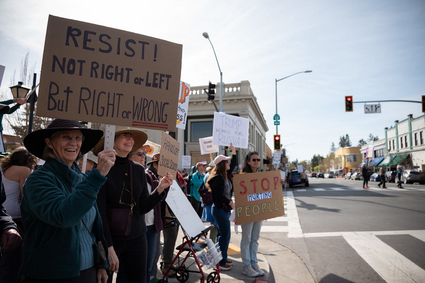 Hands Off protest held on north main street in Sebastopol.  Saturday, April 5, 2025. (ProBonoPhoto/Austin Noble)