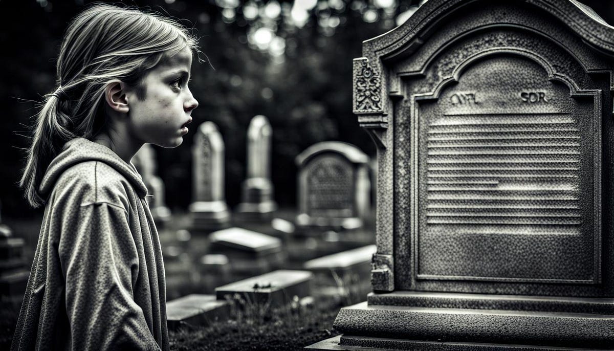 Ghost of girl looking at gravestone