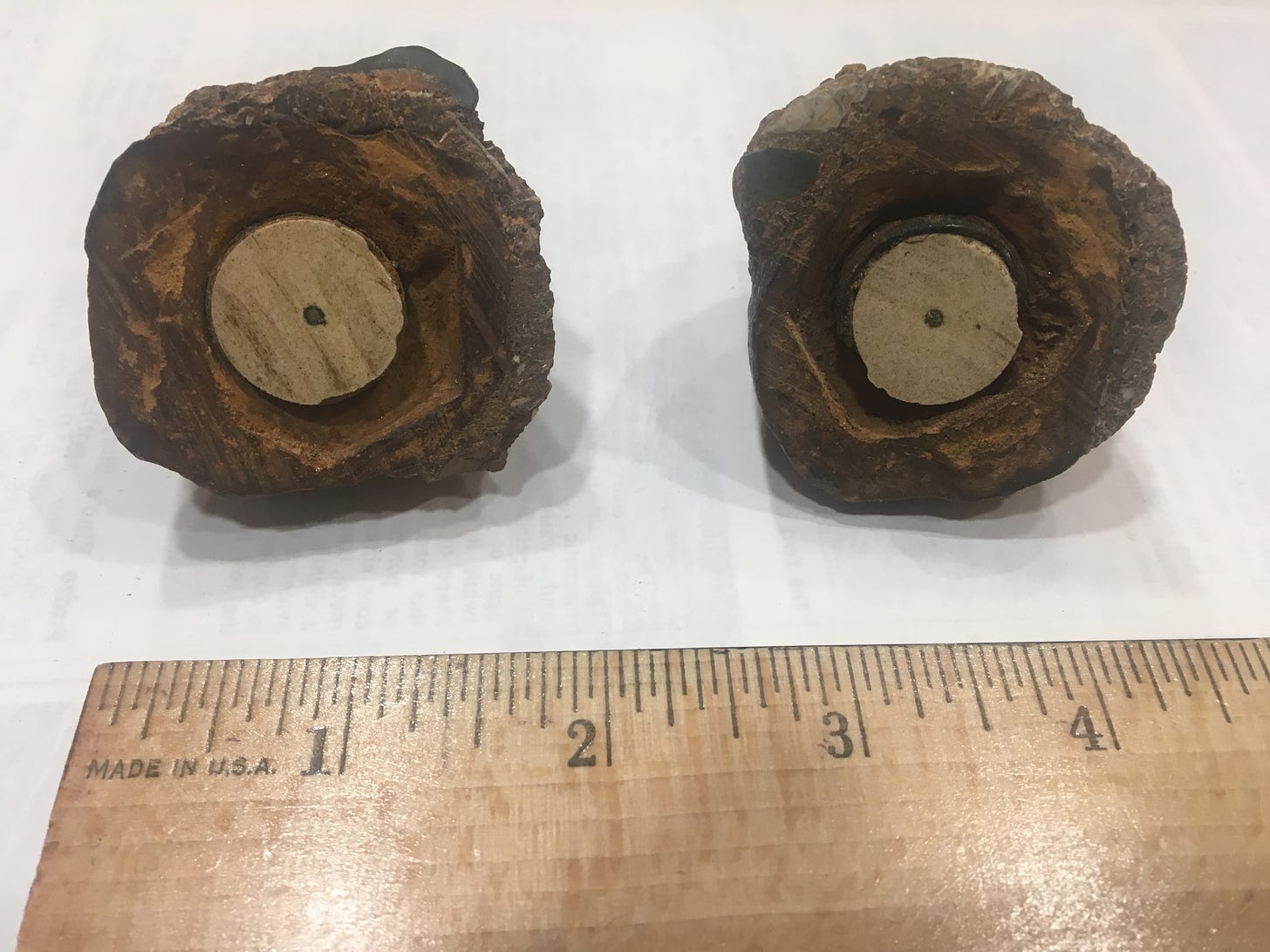 A photo of what appears to be two stones, or one larger stone cut in half. The halves reveal something circular inside the stone, while a ruler laid in front suggests the total width of both across is approximately four inches