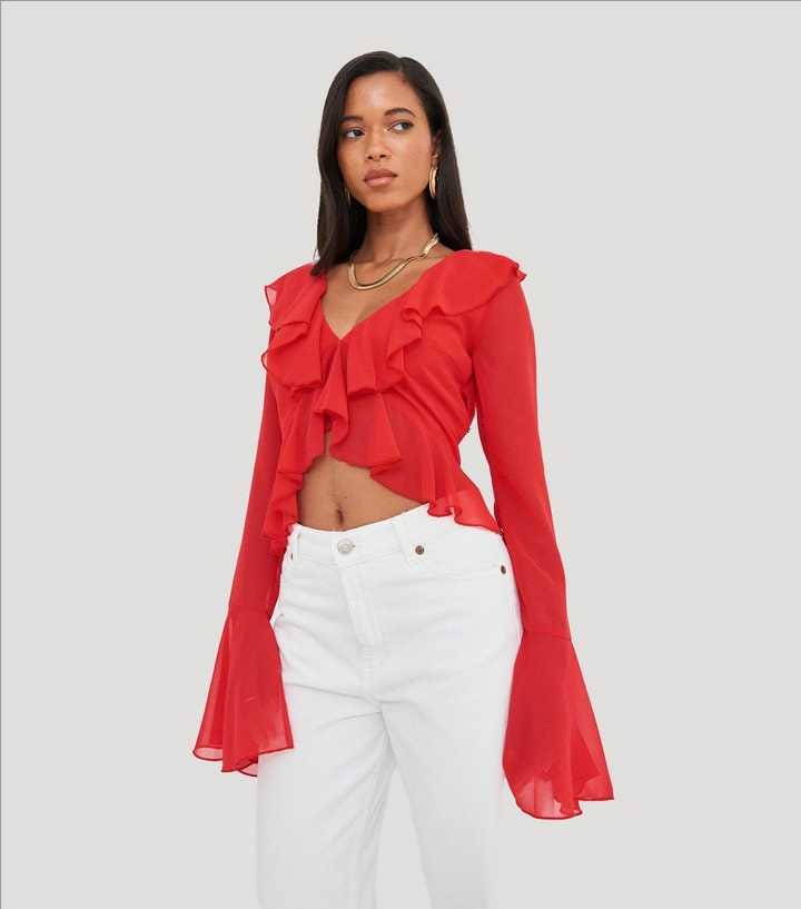 WKNDGIRL Red Ruffle Bell Sleeve Top