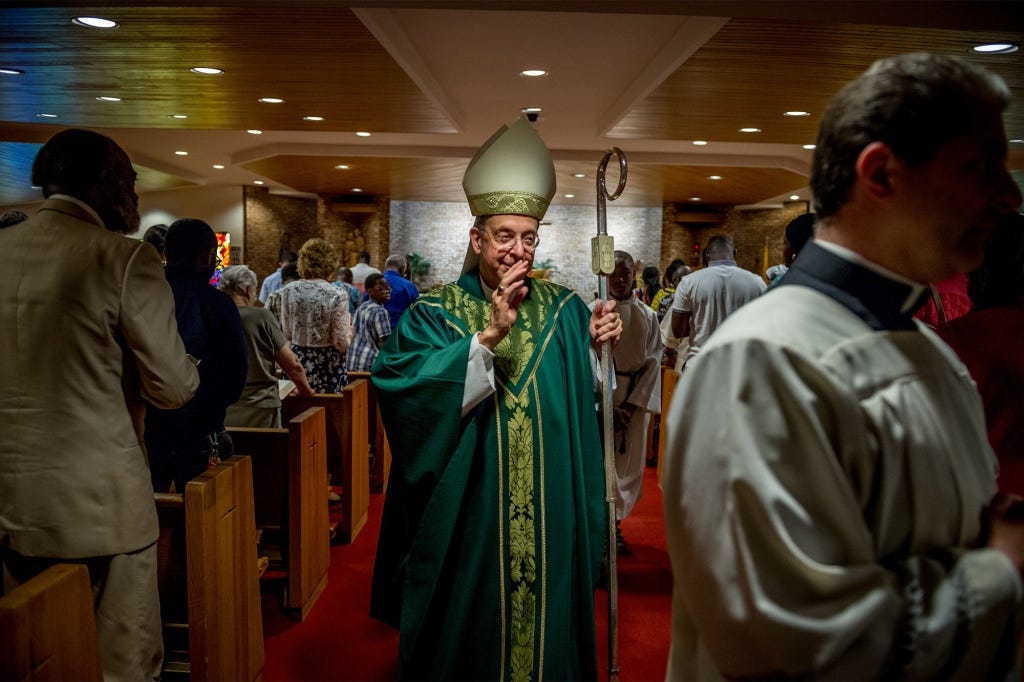 Archbishop William Lori, head of the Archdiocese of Baltimore, leaves after delivering Sunday Mass at Holy Family Catholic Church on July 14.