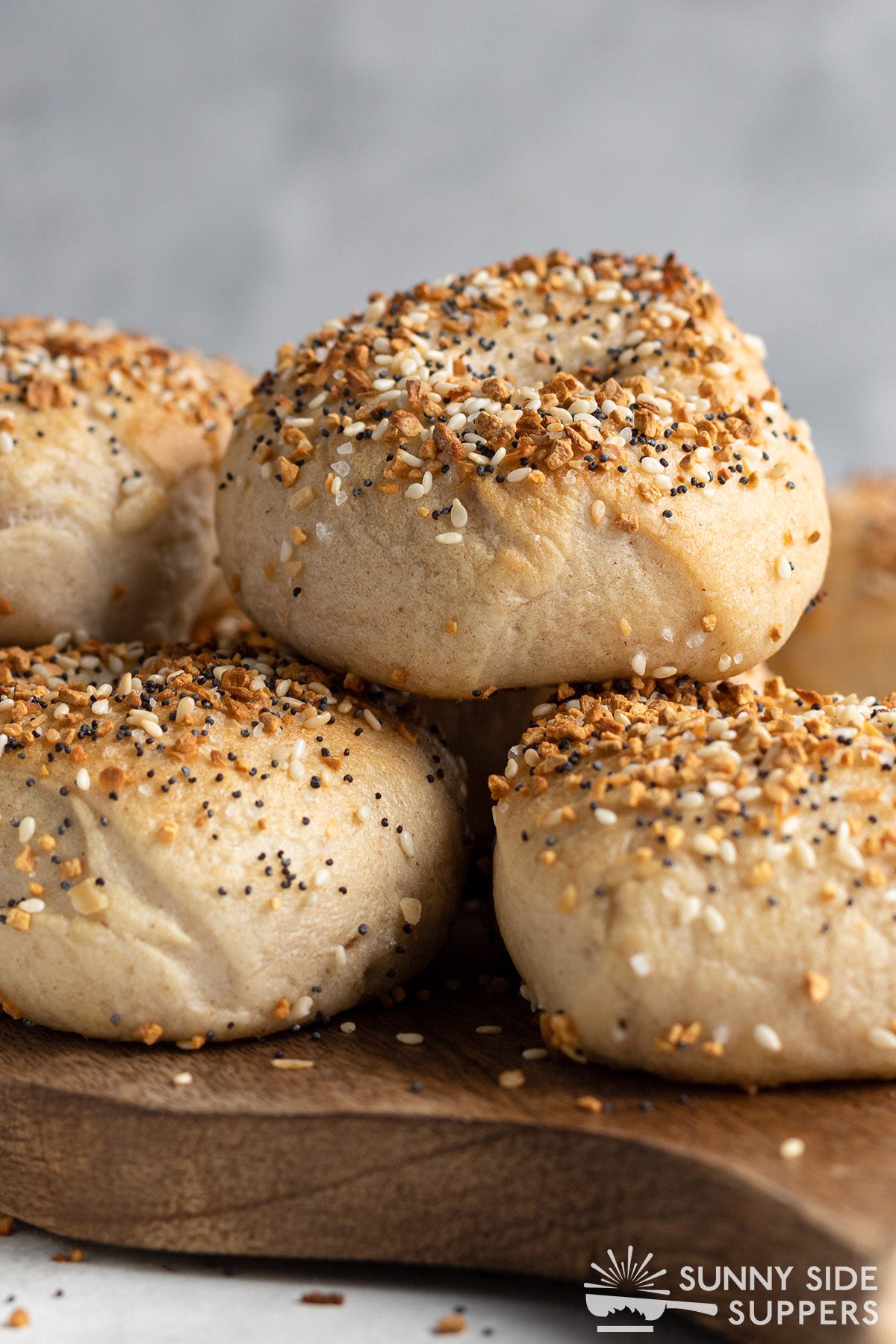 Stack of homemade everything bagels.