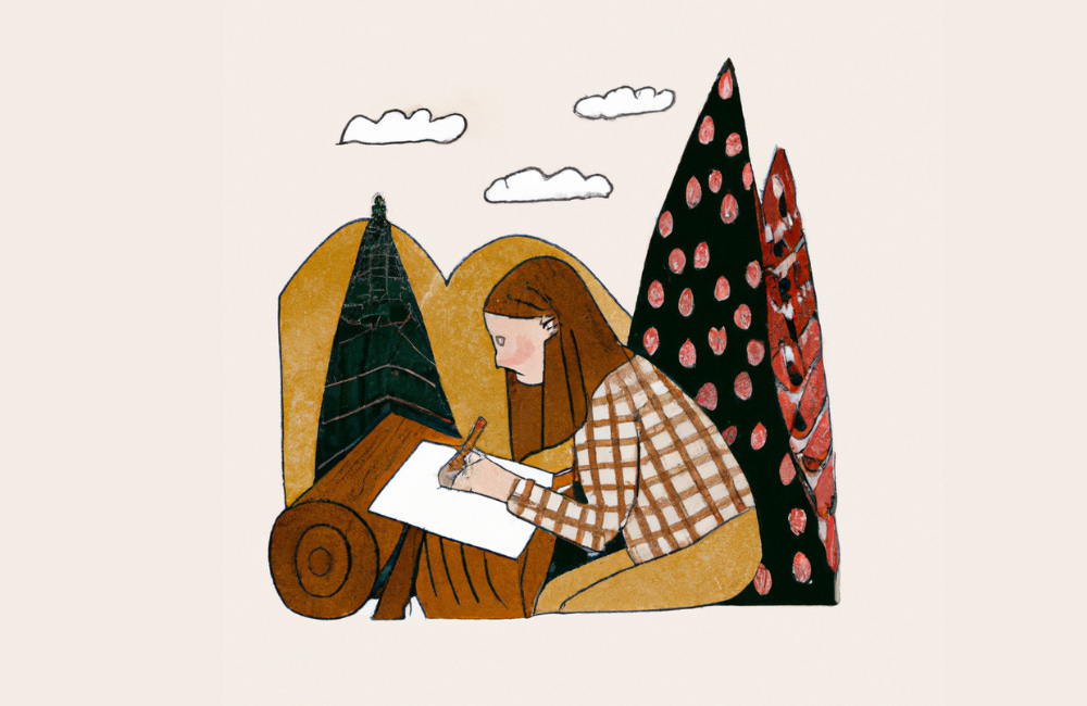 Digital illustration of a cottagecore style girl sitting in front of a wooden writing desk writing a list with whimsical trees and clouds behind her.