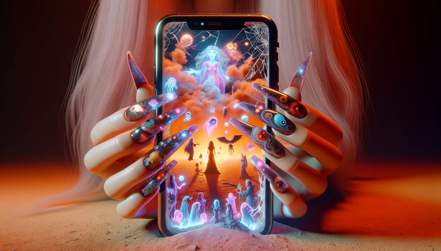 An AI-generated image of a woman with long, fake nails holding a broken iPhone, with ghosts, dreams, and aliens emerging from the screen against the backdrop of an orange, dusty desert