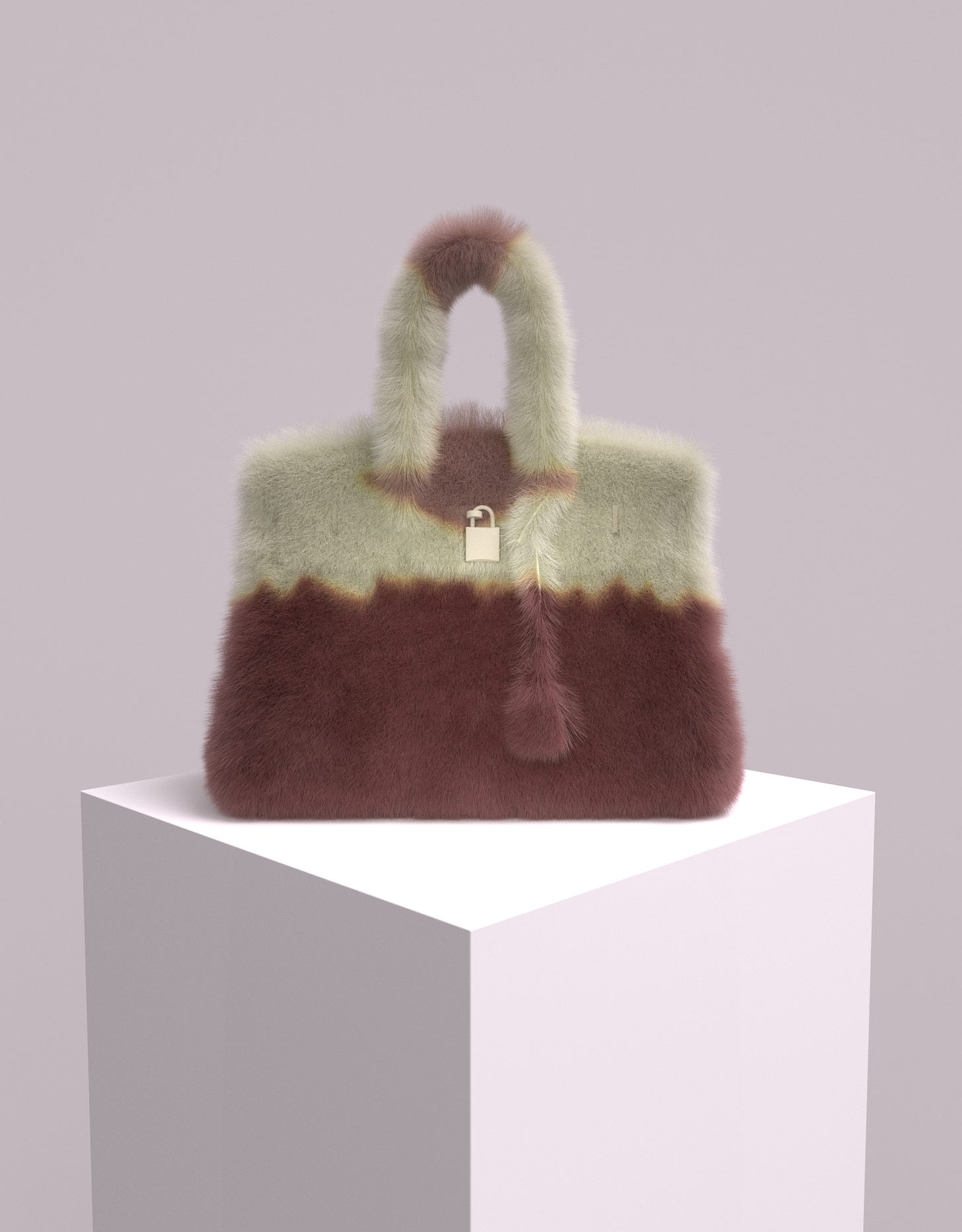 A digital rendering of a Birkin style handbag covered in green and brown faux fur A digital rendering of a Birkin style handbag covered in green and brown faux fur