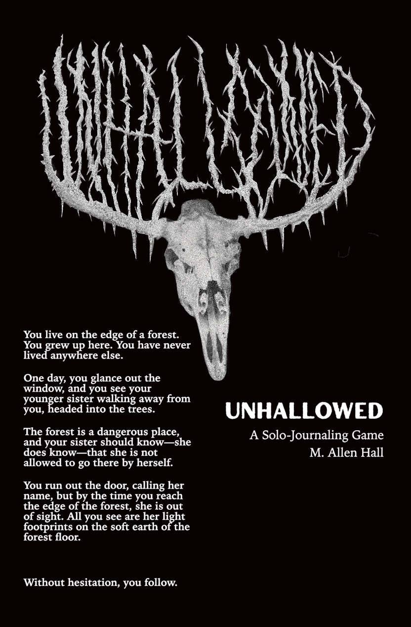 Black cover, white text and an animal skull with metal font reading, “Unhallowed.