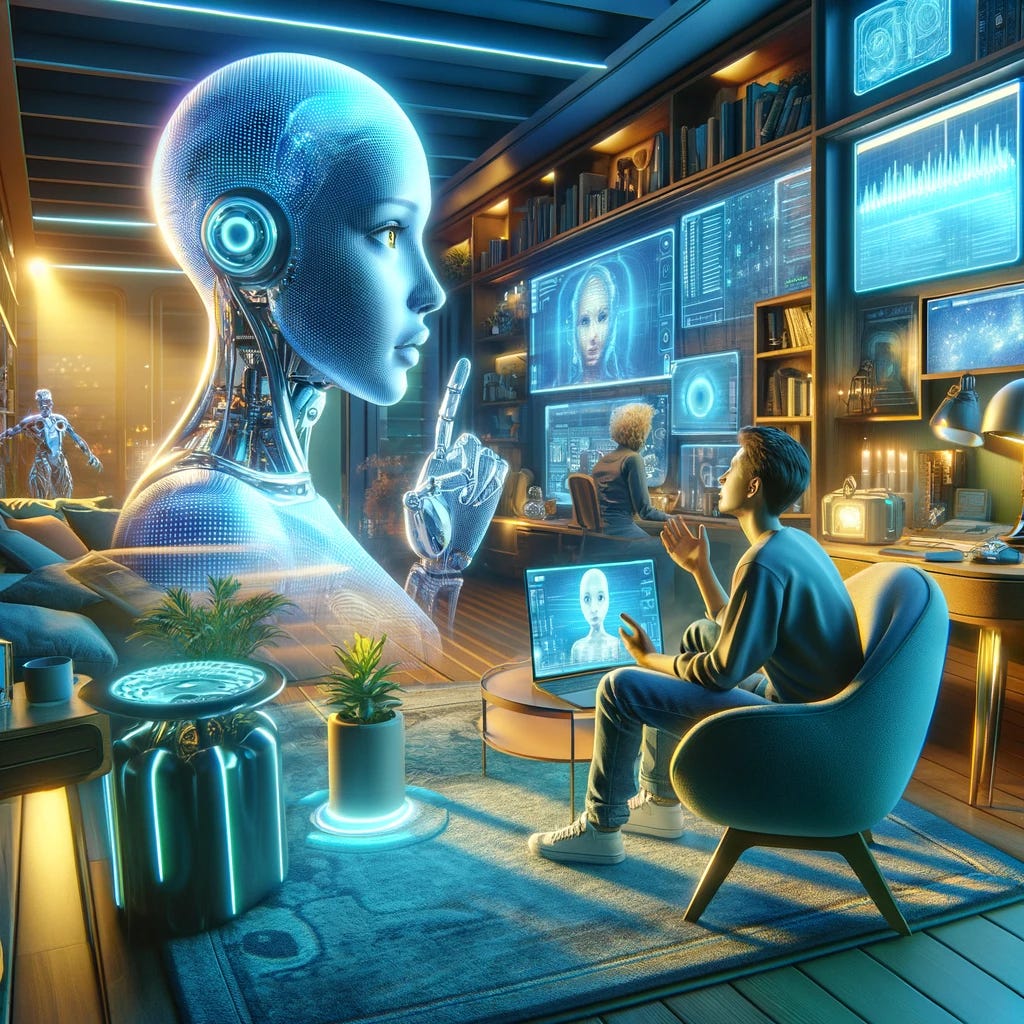 A captivating and highly detailed illustration depicting a modern and futuristic scene where a person is engaged in a deep conversation with an AI. The AI is represented as a sleek, holographic interface, displaying a humanoid avatar that seems almost alive, with expressions that mirror human emotions. The person, a curious and enthusiastic individual, is seated comfortably in a high-tech, yet cozy home office environment, surrounded by multiple screens and futuristic gadgets. The room is filled with soft, ambient lighting that highlights the interaction between human and AI, creating a warm and inviting atmosphere. The overall mood of the scene is optimistic, showcasing the harmonious relationship between technology and humanity.