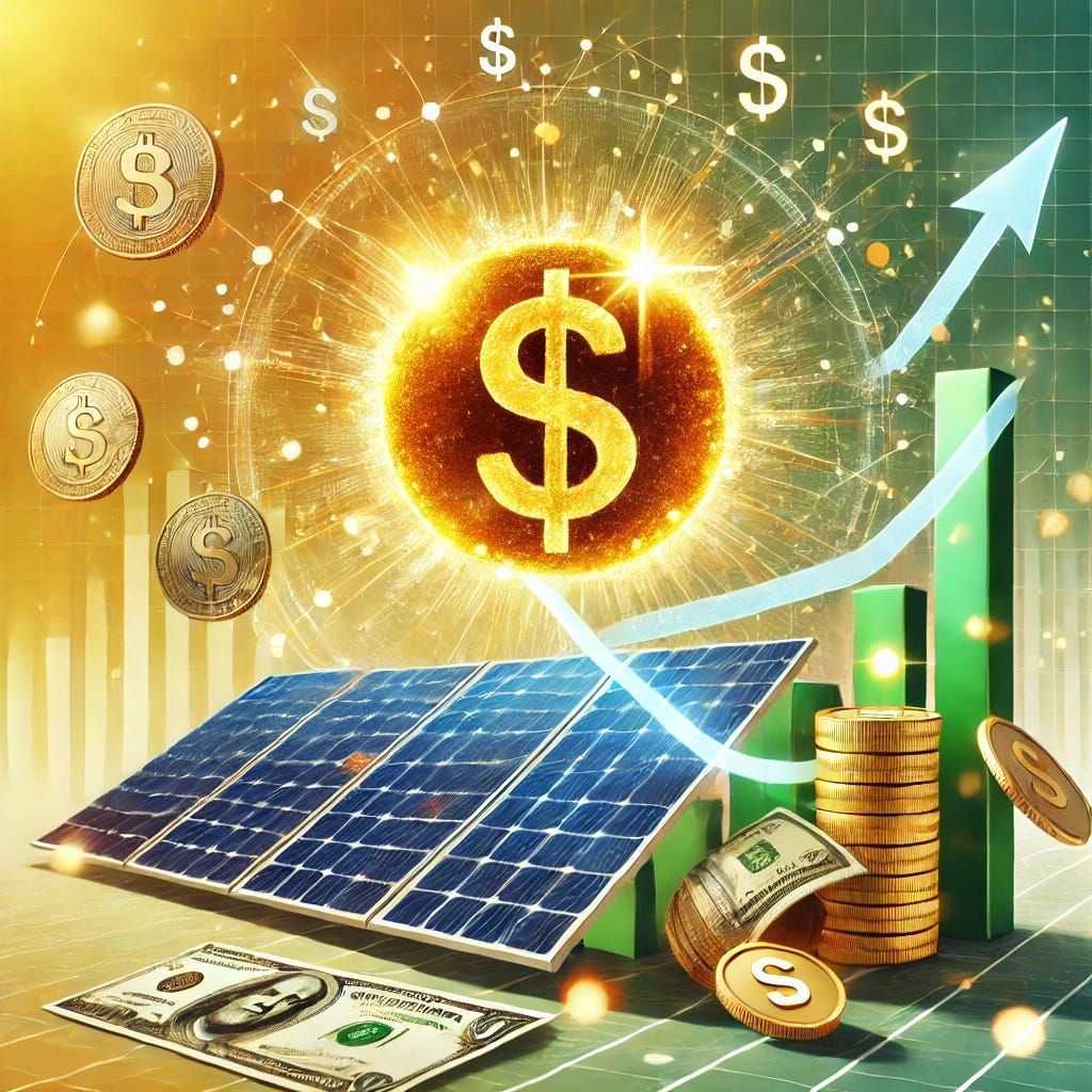 A dynamic and engaging image representing the concept of earning money through solar energy referrals with Powur. The image should feature a stylized sun and solar panels integrated with symbols of wealth such as dollar bills, coins, or a graph showing upward growth. The background should be bright and optimistic, with a modern, clean design. The colors should evoke both the idea of solar energy (yellows, oranges, and greens) and financial success (gold, green). Include a subtle reference to the concept of networking or referrals, such as connected dots or lines.