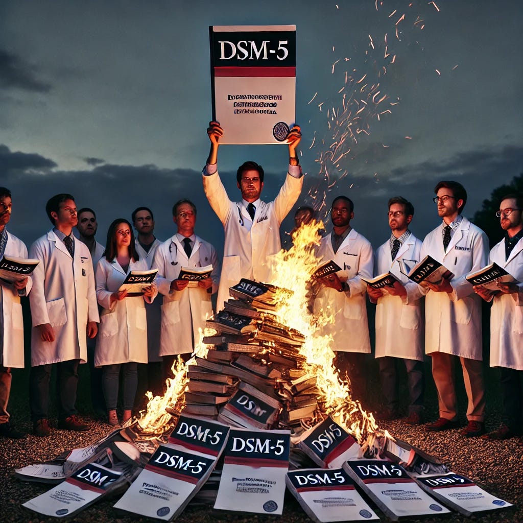 A group of doctors in white lab coats standing in a semicircle around a large bonfire, holding copies of the DSM-5. The books are being thrown into the fire, and the flames are high, curling the pages of the manuals as they burn. The doctors have expressions of resolve and defiance, with a dark evening sky in the background. Smoke rises from the fire, carrying the remnants of the burning manuals into the air.