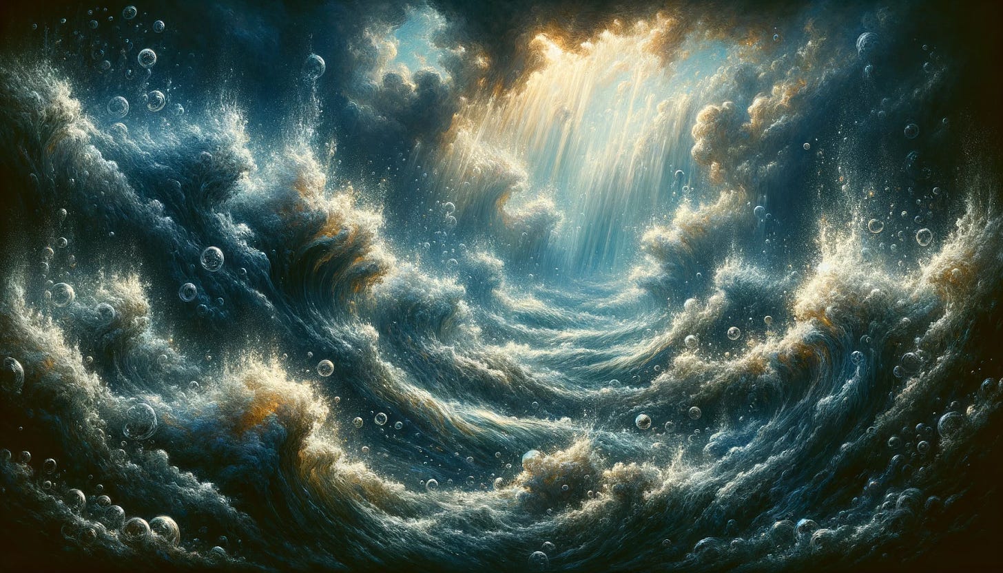 An underwater scene depicting turbulent waters with swirling bubbles, imagined in the style of a Romantic era oil painting. The image captures the chaotic yet mesmerizing motion of water as light filters through, creating a dynamic and dramatic atmosphere. This artwork evokes the sublime beauty of nature's power, a common theme in Romantic art, where the awe of natural landscapes and the elements are depicted with intense emotion and vivid imagery. The composition is designed for a widescreen format, offering a panoramic view that immerses the viewer into the depths of the ocean's beauty.