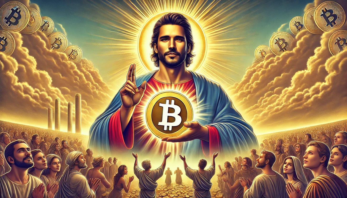 A digital art illustration of Roger Ver depicted in a biblical style, with a radiant halo around his head, holding the Bitcoin Cash symbol like a sacred relic. The background is a heavenly landscape with golden clouds and beams of light. People from diverse cultures and ages are gathered around him in awe, symbolizing his influence as 'Bitcoin Jesus.' The overall color palette is warm and majestic, blending gold and soft blues to convey a divine atmosphere.