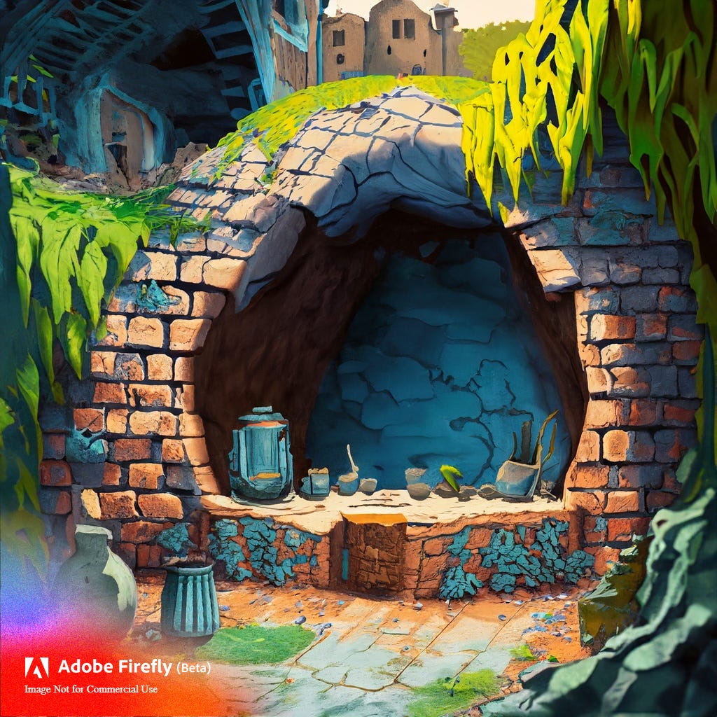 cave nest with blue walls and coffee near a house with crumbling orange bricks below a grid of roads and lush greenery