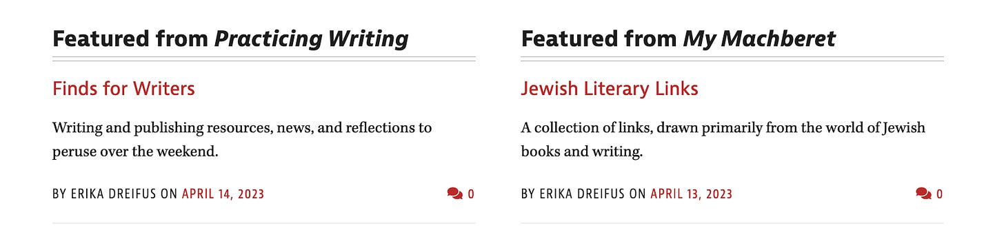 Screenshot showing teaser text for latest posts on Practicing Writing and My Machberet blogs.