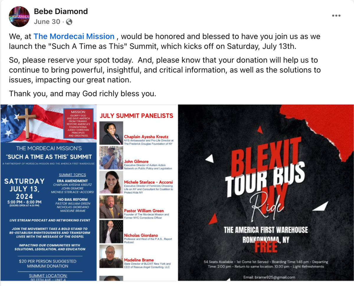 Diamond's Facebook post promoting her organization along with Blexit