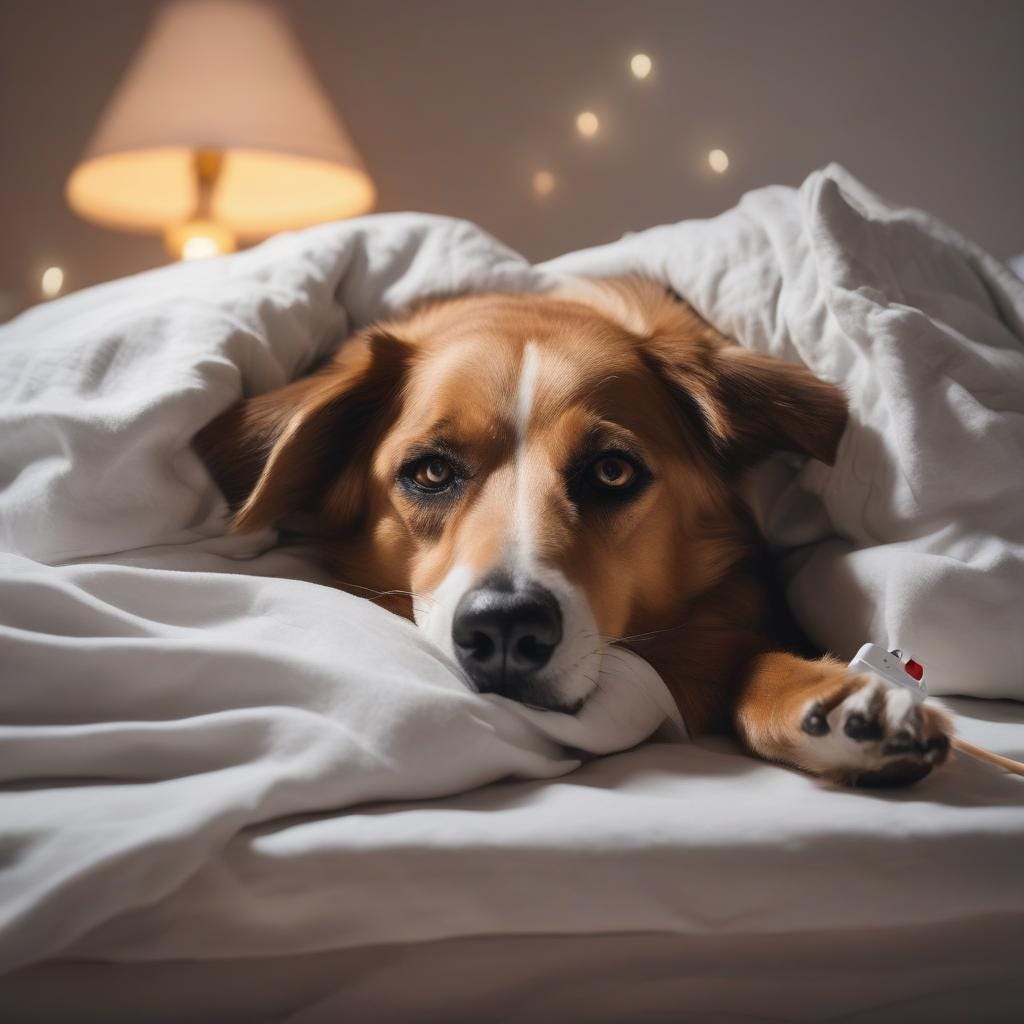 AI image of a brown and white dog, sick, under white covers, staring sadly at the camera.