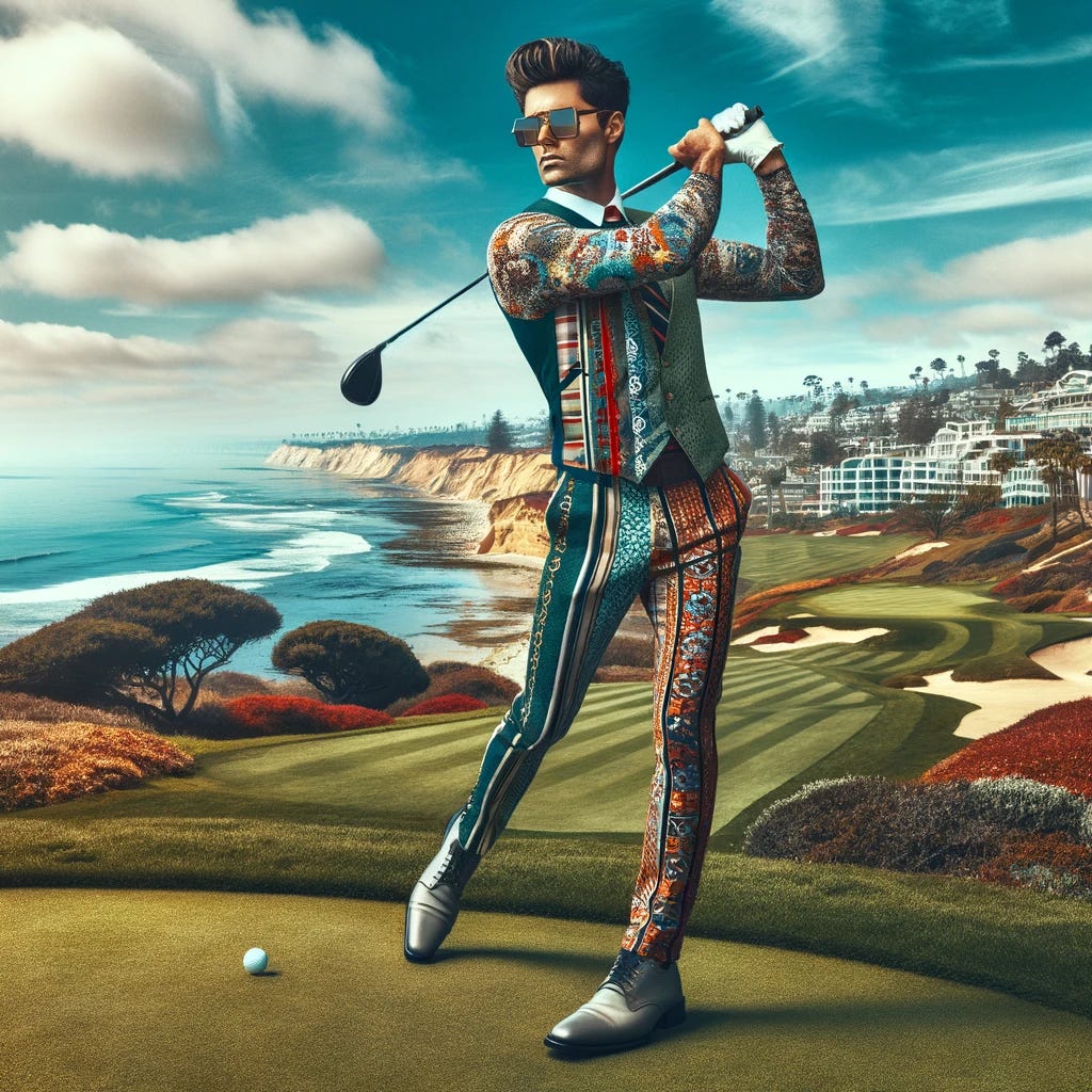 Visualize a hip, modern accountant enjoying a game of golf with the scenic backdrop of La Jolla. The accountant is dressed in fashionable golf wear, showcasing a mix of bold patterns and colors, along with stylish sunglasses. Captured in the midst of a confident swing, he radiates a cool, contemporary vibe. Behind him, the stunning La Jolla coastline, with its cliffs, ocean, and clear blue skies, adds a breathtaking element to the scene. The golf course itself blends seamlessly into the natural beauty of the area, making for a picture-perfect moment of leisure and style. This image combines professional sophistication with the laid-back luxury of La Jolla's landscape.