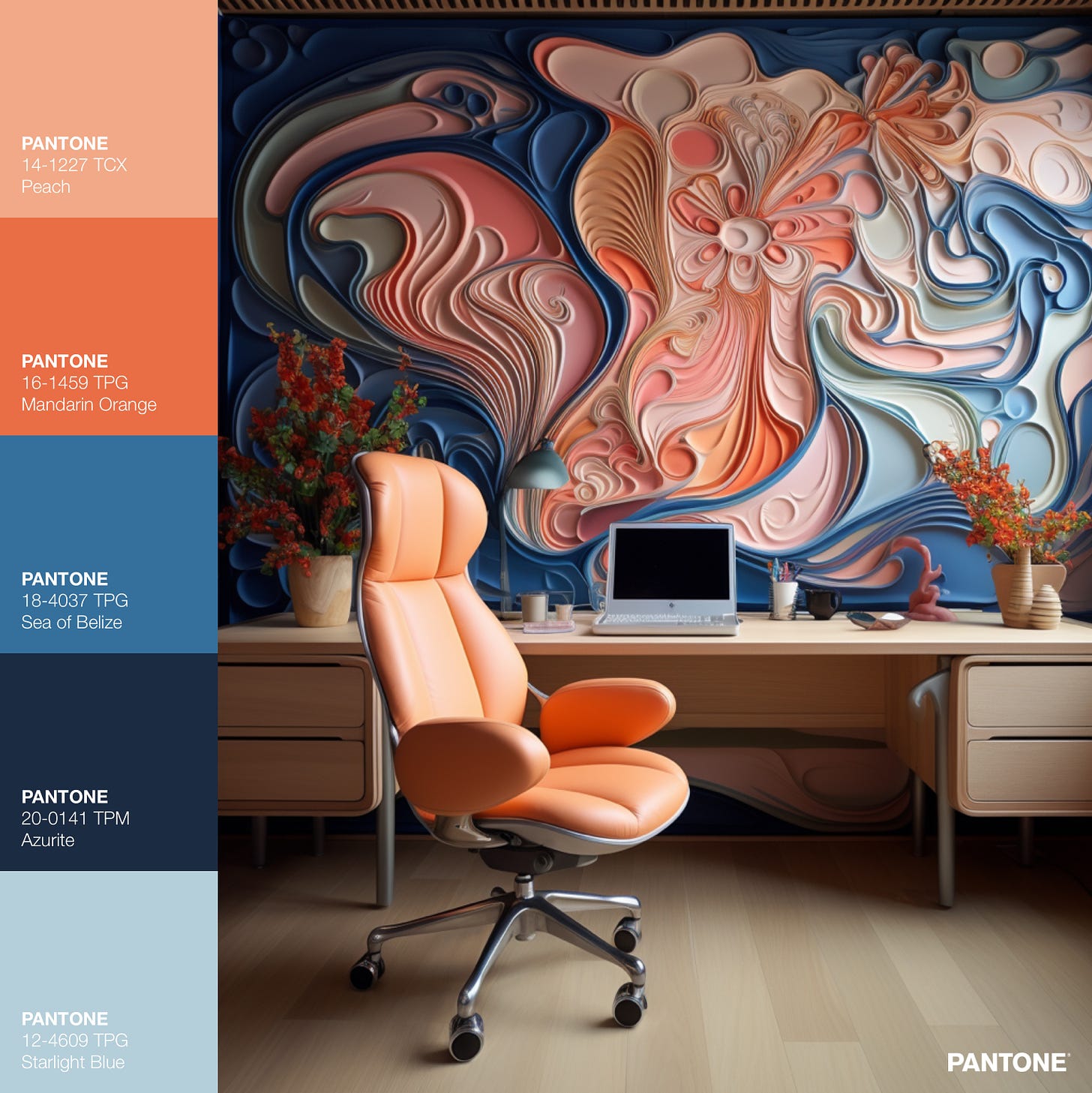 Peach and blue mural behind a desk