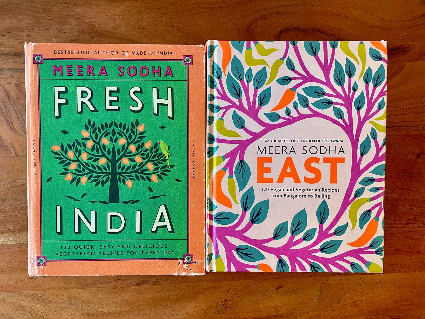 Two well-loved Meera Sodha cookbooks: Fresh India on the left and East on the right