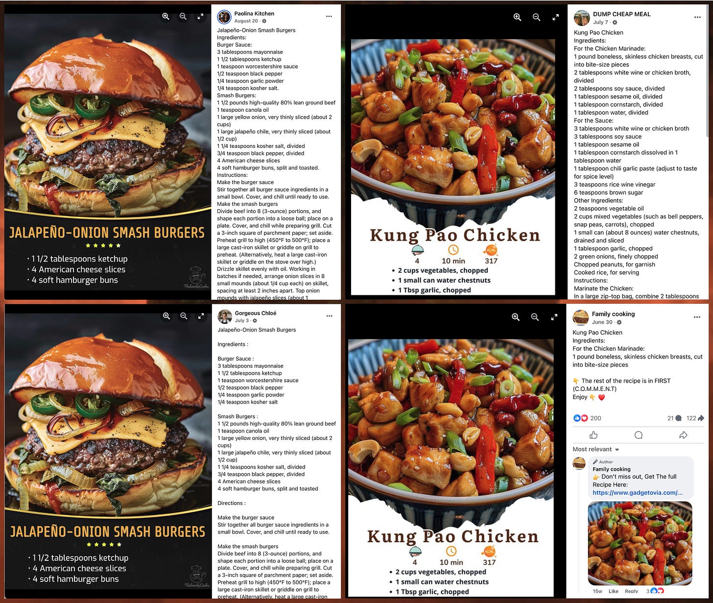 examples of AI-generated food images posted by more than one Facebook spam page