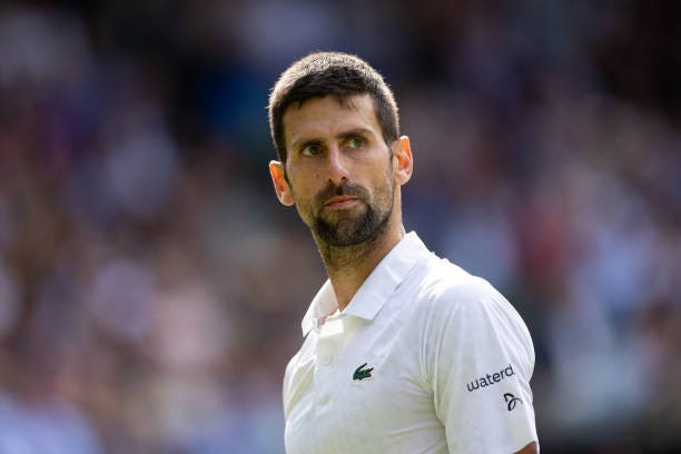 Novak Djokovic of Serbia in action during the Men's Singles Final against Carlos Alcaraz of Spain at The Wimbledon Lawn Tennis Championship at the...