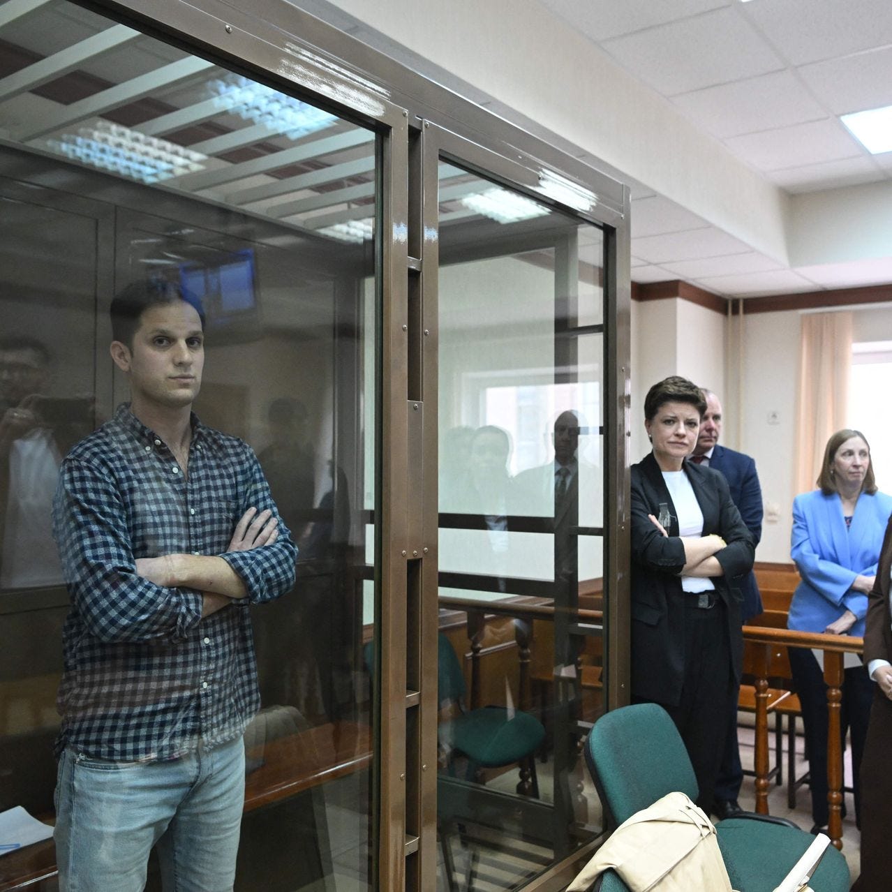 Wall Street Journal reporter Evan Gershkovich at a court hearing in Moscow on Tuesday.
