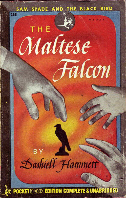 Cover of the Maltese Falcon by Dashiell Hammett featuring two hands trying to grasp a black statuette of a falcon 