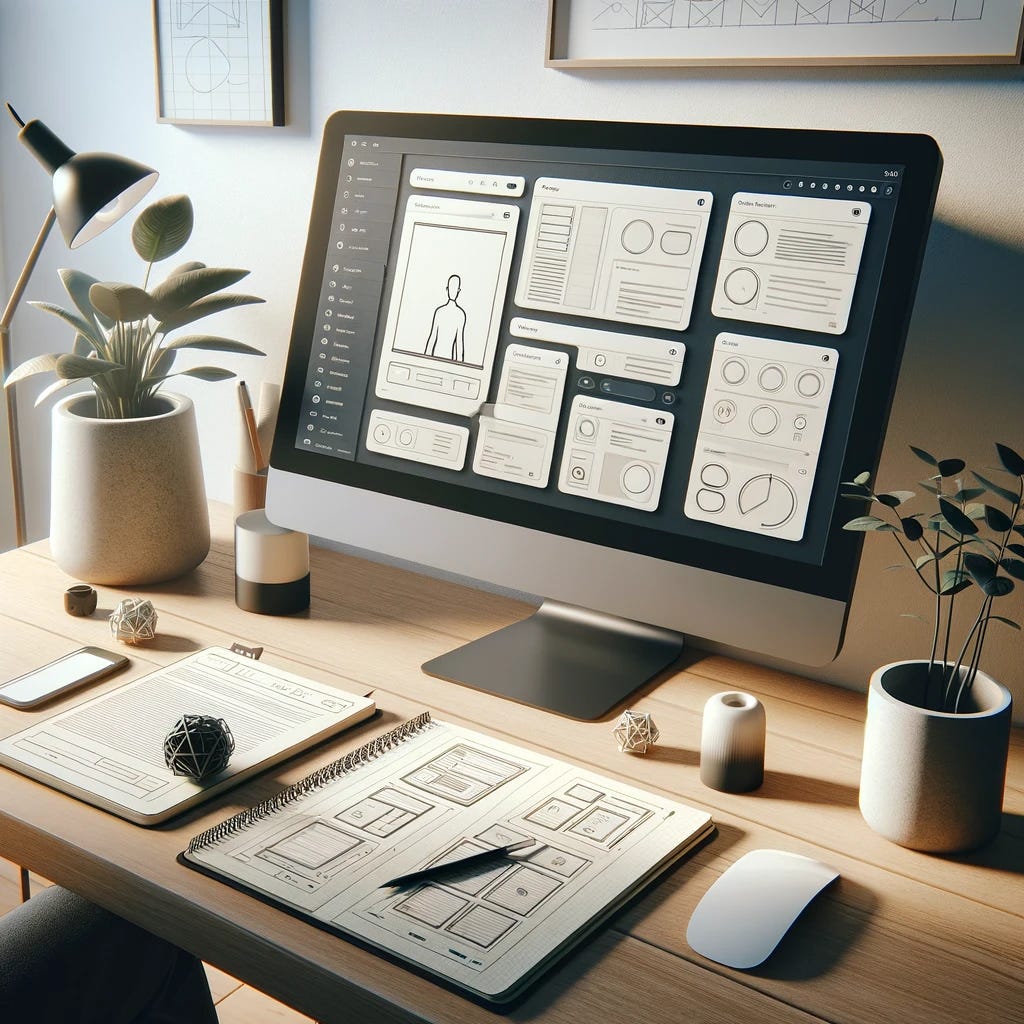 A photorealistic image of a simple, efficient software designer's workspace. The scene includes a sleek modern computer with a minimalist user interface on the screen, characterized by a clean layout, large readable fonts, and a minimal color palette. On the desk, there's a notebook with hand-drawn wireframes of a straightforward and intuitive design. The background is minimal, featuring a potted plant, a stylish lamp, and some minimalist artwork. In the scene, a software designer, a young Black male, is sitting at the desk, interacting with the software, reflecting the ease of use and simplicity. This image captures the essence of streamlined and efficient software design, free from unnecessary complexity.