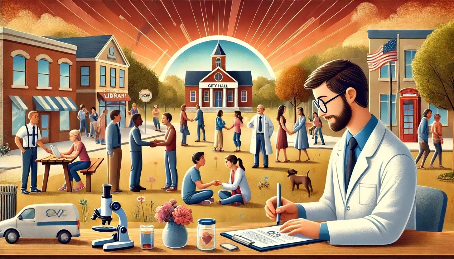 A scientist observing people engaged in various kinds of civil behaviors. The setting includes a diverse group of individuals participating in acts of kindness, respectful discussions, and community service. An African American individual with brown skin and another person in the foreground are shaking hands, symbolizing agreement and cooperation. The scientist is taking notes and using modern tools like a tablet or laptop. The background features elements of a community park, library, and city hall. In the sky, an arch of letters spells out 'THE SCIENCE OF CIVILITY'. A friendly dog is present in the scene, replacing the flowers. The atmosphere should be warm and positive, emphasizing the impact of civility and respectful interactions in a community.