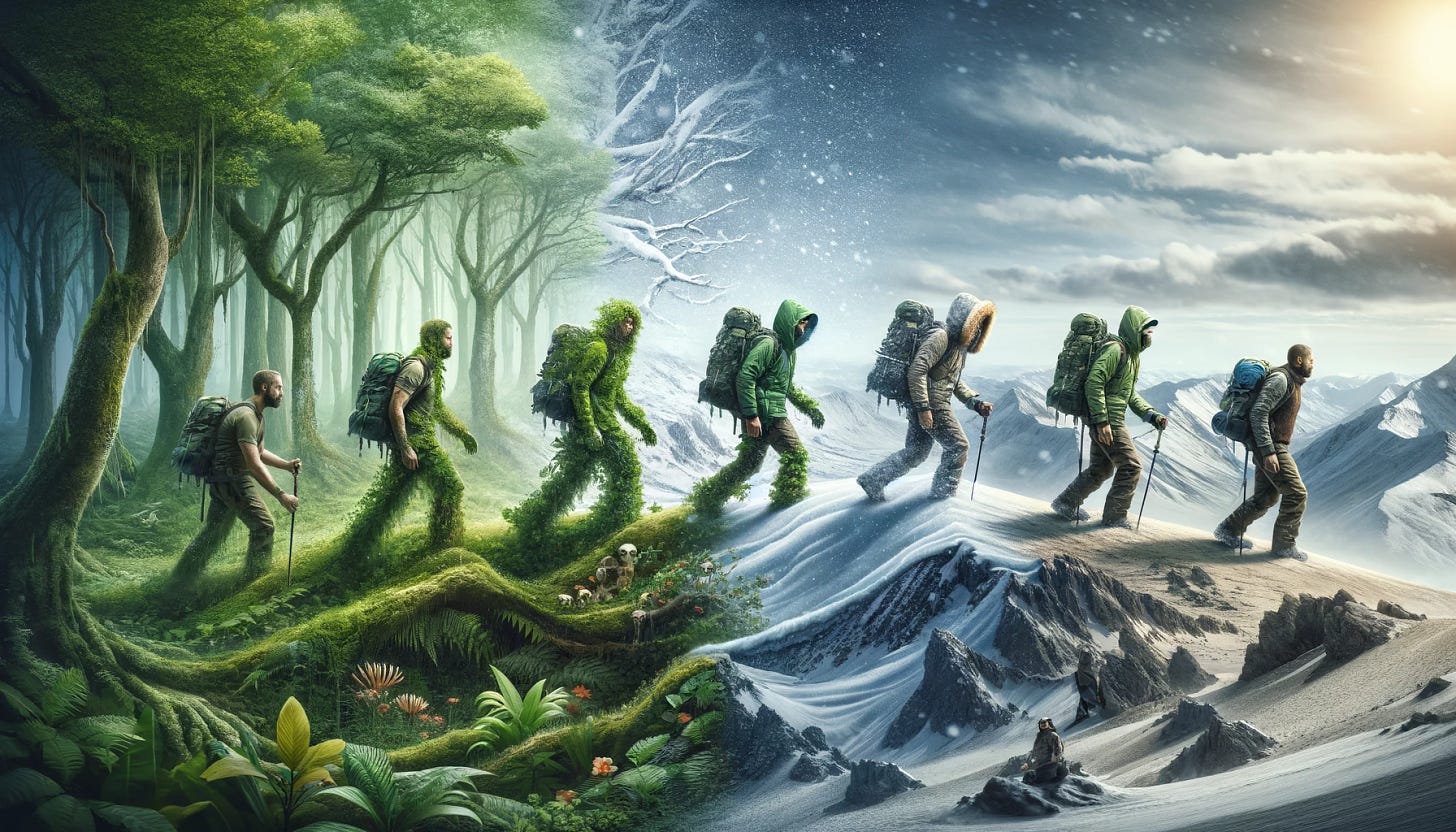 Create a wide, panoramic image that captures a single individual transitioning through multiple dynamic natural environments in one continuous scene. Start from the left with a lush, green rainforest where the individual is camouflaged within the foliage. Moving to the right, show the person transitioning into a snowy tundra, wearing heavy, insulated clothing. Next, depict the individual adapting to a desert landscape, wearing light, reflective clothing and a wide-brimmed hat. Finally, end the scene with the person navigating rocky mountain terrain, using climbing gear. The transitions between environments should be seamless, with the individual's apparel and gear changing to match each environment. The image should be rich in detail, illustrating the concept of adaptation and survival in varying natural conditions.