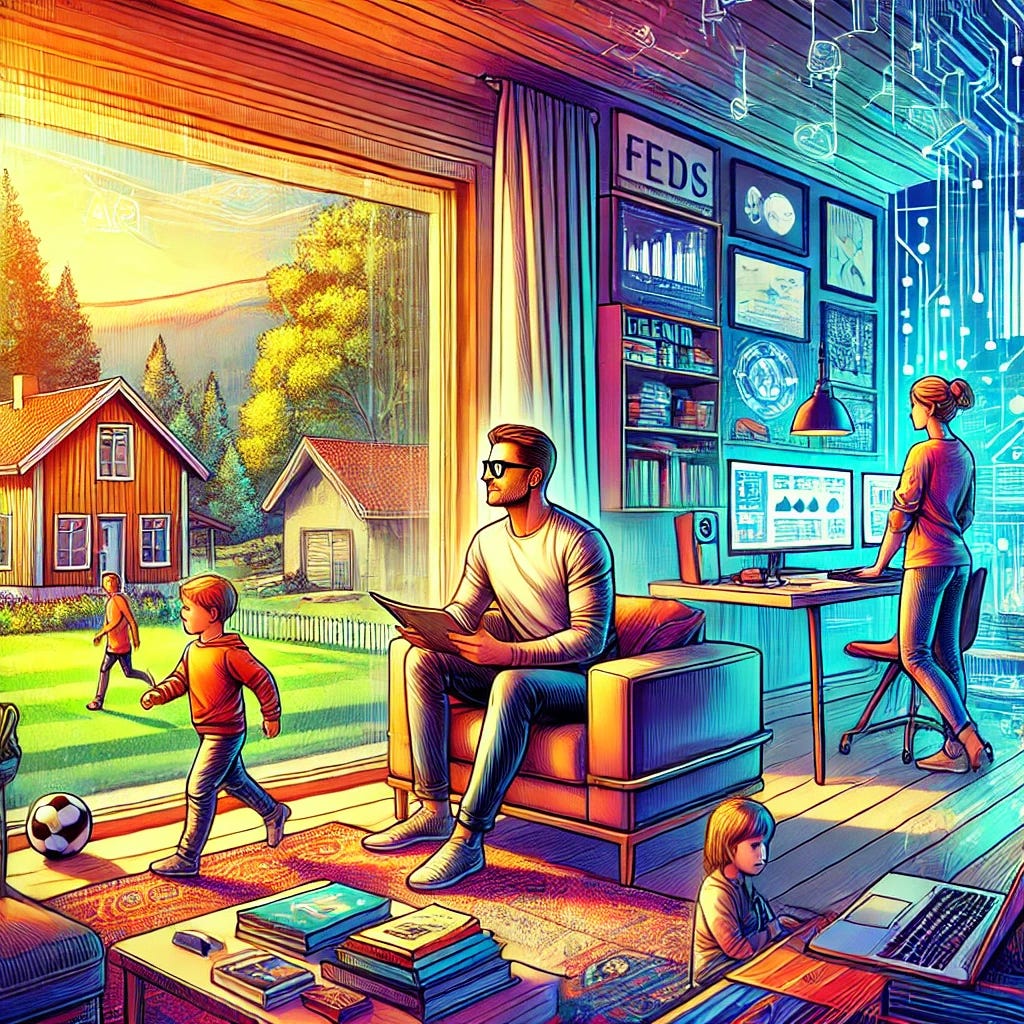 A vivid and dynamic illustration depicting a tech-savvy professional and family-oriented individual living in Gustavsberg, Sweden. The scene features a modern home with a cozy workspace equipped with cutting-edge technology and bookshelves filled with insightful reads about trends and AI. The individual, a confident man in his early 40s, is seen enjoying quality time with his family—his girlfriend and two kids. The kids are playing in a bright and inviting living room, one engaged with a creative scavenger hunt while the other enjoys football. The atmosphere blends creativity and innovation with warmth and familial love, reflecting a balance of professional ambition and personal connection. Outside, a serene Nordic landscape adds a touch of tranquility.