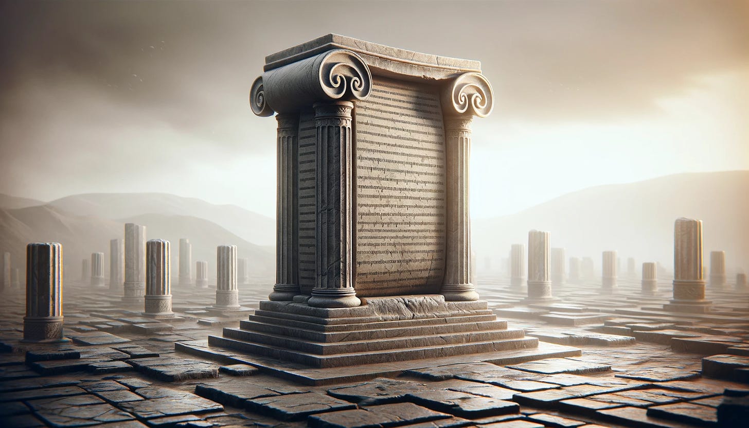 A widescreen hero image for a blog post, with a focus on a paragraph as an ancient, somber monument. Envision a majestic, ancient monument, like a weathered stone obelisk or a classical marble column, deeply engraved with paragraphs, symbolizing the enduring nature of written words. The monument should dominate the scene, set against a subdued, monochromatic background, evoking the solemnity of ancient ruins. The surroundings should be minimalist, perhaps with faint outlines of historical architecture or faded inscriptions in the background, emphasizing the contrast between the timeless monument and the ephemeral nature of human thought. The overall atmosphere should be one of reverence and solemnity, highlighting the paragraph as a lasting testament to the power of writing amidst the ever-changing landscape of ideas.
