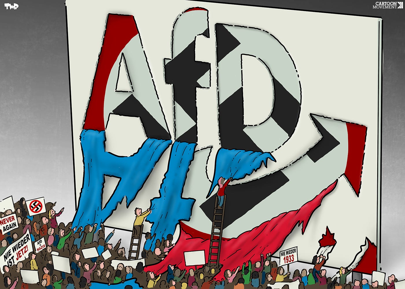 Cartoon showing a large billboard with the logo of the AfD. A large crowd of protesters is tearing off the logo, revealing a swastika underneath.