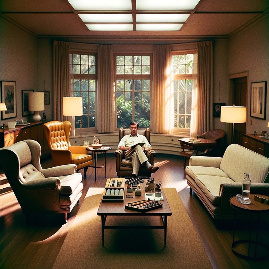 Photo styled like a Leica film photograph showing the interior of a session room at UCLA's Neuropsychiatric Hospital from October 14, 1963. Soft, diffused light pours in from overhead fluorescent fixtures, complemented by a warm glow from a floor lamp. Two luxurious recliners sit in the room's center, facing a large window that provides a slightly blurred view of a serene garden. Next to the recliners is a table with art supplies: sketchbooks, charcoal pencils, and paints. There's also a clear glass of water and a small bottle labeled 'LSD'. Seated in one recliner is Leo Mitchell, a 32-year-old man with features of deep contemplation, holding a sketchbook. The room's furnishings, Leo's attire, and the room's ambiance should be true to the 1960s style.