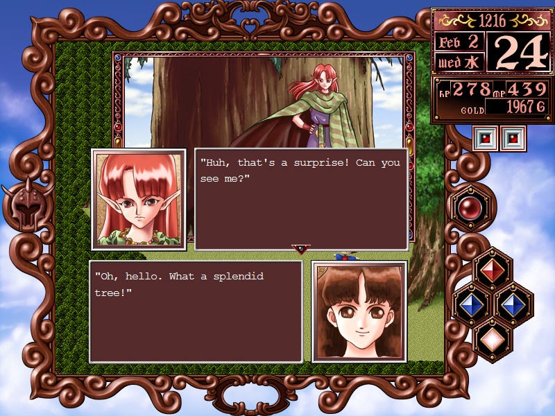 An official screenshot of Princess Maker 2 Refine. In this screenshot, the main character is talking to a red-haired woman who stands in front of a tree. The woman is surprised that the character can see her. In the upper right corner of the screen, various information is conveyed such as the in-game date and the amount of money currently available.