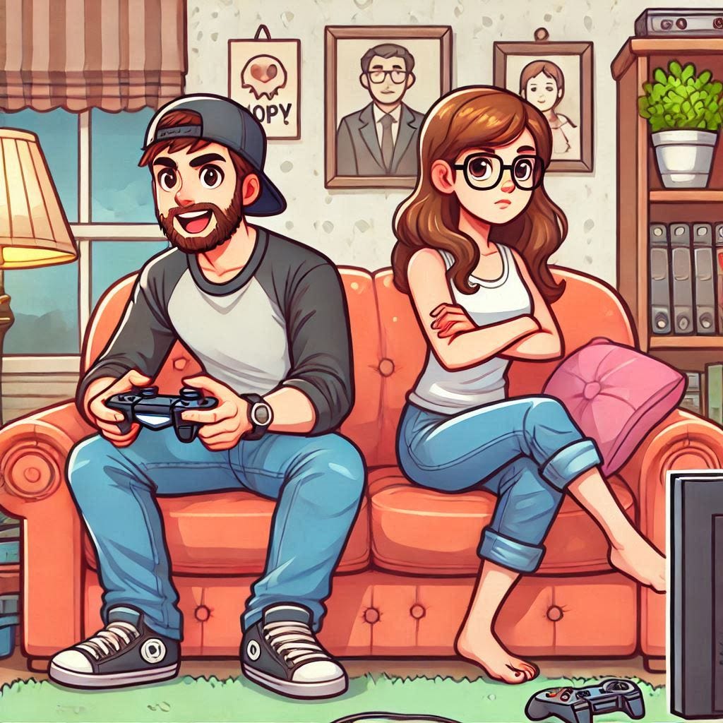 cartoon-style image of a man playing video games on a sofa and a woman sitting next to him with her arms folded